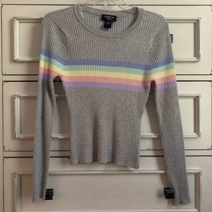 fitted grey long sleeve shirt with rainbow stripes